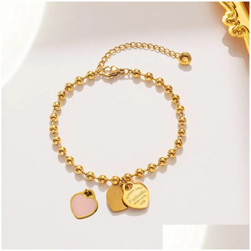 Charm Bracelets Love Enamel Pendant Titanium Steel Plated 18K Gold Bracelet Womens Jewelry Wholesale Beads Niche Design Heart-Shaped D Dhlzh