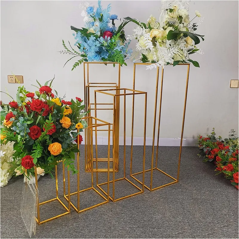 4pcs/ set Gold Wedding Decoration Electroplate Iron Geometric Placed Props Road Lead T Station Supplies Rectangle Wedding Plinth