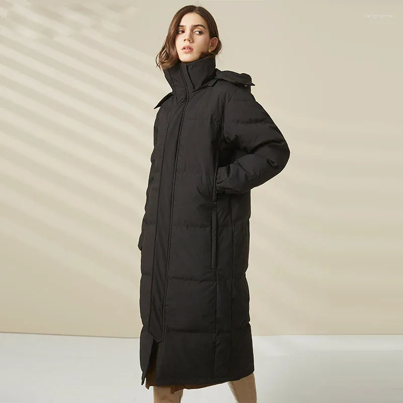 Veste d'hiver en duvet de canard blanc pour femme, X-Long noir, plus velours épais et chaud, longueur aux genoux, manteau bouffant avec fermeture éclair, vêtements à capuche