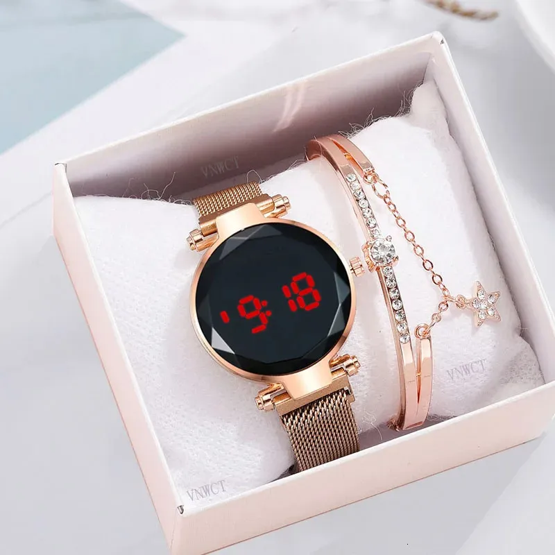 Kvinnors klockor lyxiga LED -klockor Kvinnor Magnetiska armband Rose Gold Digital Dress Quartz Wristwatch Ladies Clock Relogio Feminino 231207