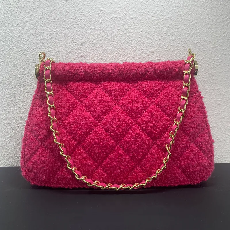 Rosa tweed kvinnor crossbody väska diamantgitter quiltad guld hårdvara lyxig handväska mångsidig myntväska trend resväska fanny pack sacoche kväll koppling 17,5 cm