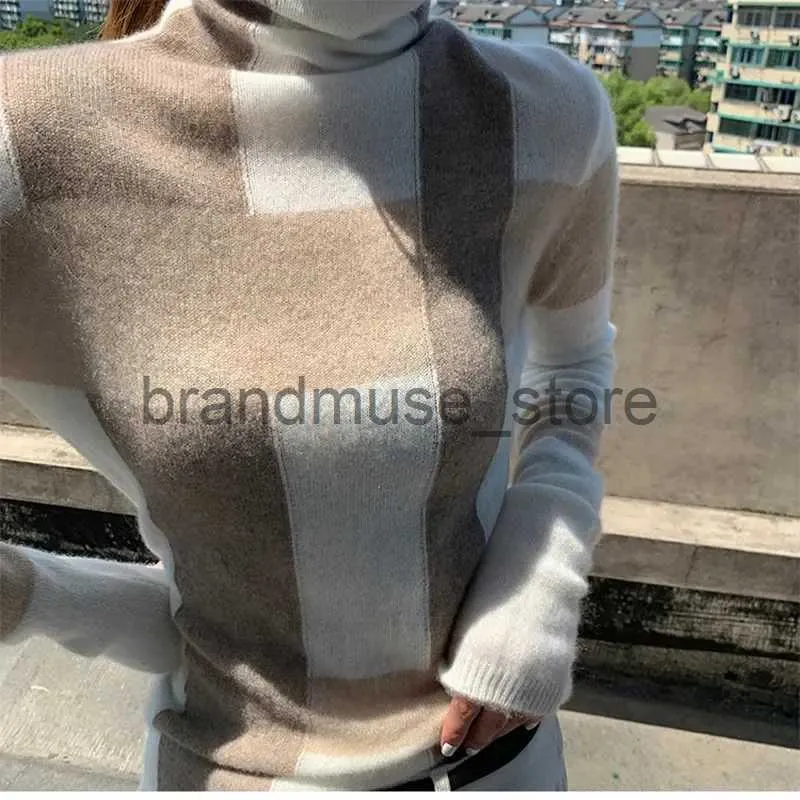 Women's Knits Tees 2023 nouveau pull en cachemire col haut pour femme couleur assortie 100% Pure laine pull mode grande taille chaud tricoté fond Shir J231208