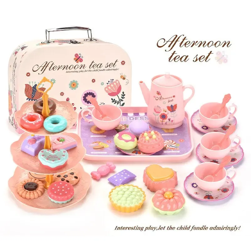 Doll House Accessories Toy Tea Set för Little Girlstea Party Toys Kids Girls Play Play Snack Toytoddler Afternoon Sets 231207