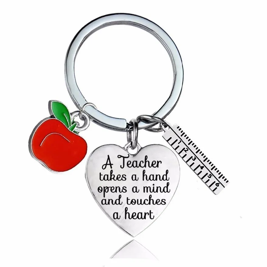 12PC Lot A Teacher Takes A Hand Opens Mind And Touches Heart Keychain Gifts BPPLE Ruler Charms Keyrings For Teachers Jewelry keych2302