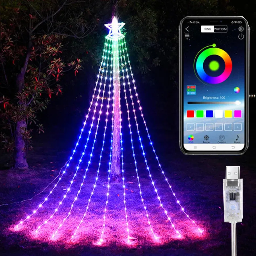 Weihnachtsdekorationen, 304 LEDs, intelligente Weihnachtsbaum-Lichterkette mit Sternaufsatz, APP-Steuerung, Lichterkette, Navidad-Girlande, Outdoor-Dekoration 231207