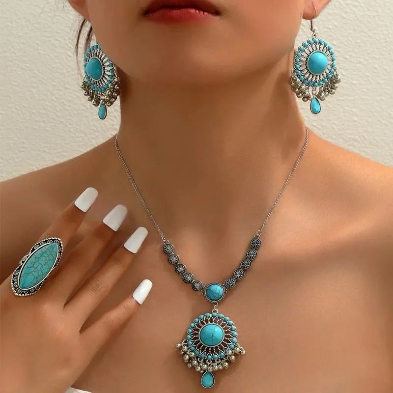 Halsbandörhängen Set Bohemian Blue Stone Pärled för kvinnor Fashion Crystal Pearl Chain Drop Earring and Pendant Boho smycken