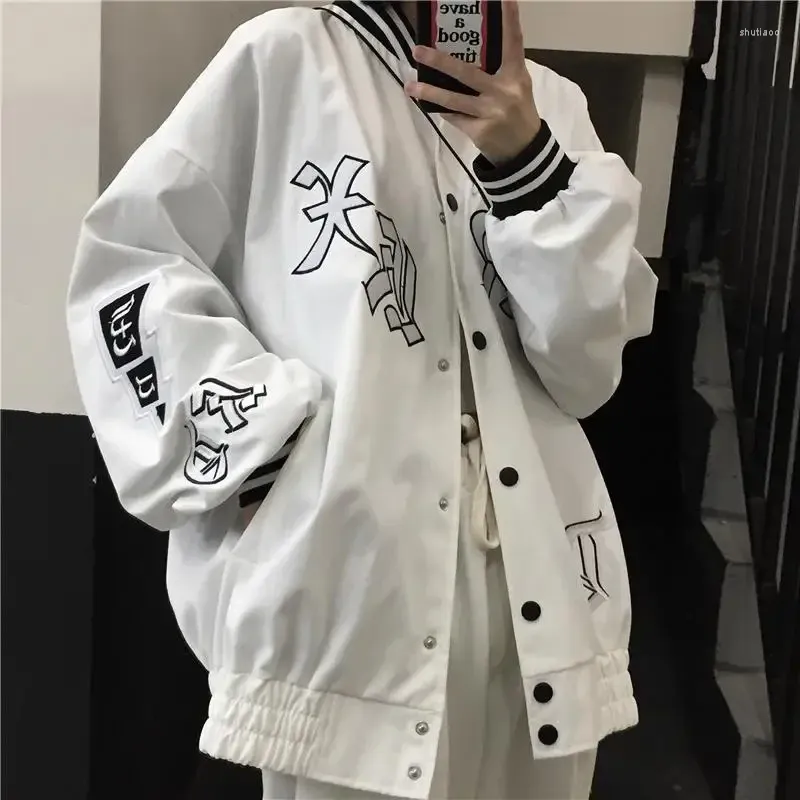 Vestes Femmes Houzhou Blanc Vintage Baseball Veste Streetwear Automne Surdimensionné Harajuku Mode Coréenne Couple Tout Match Noir Femmes