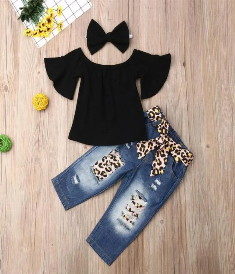 3 pçs conjuntos de roupas da criança do bebê meninas fora do ombro topos camiseta leopardo calças jeans bandana verão set6905052