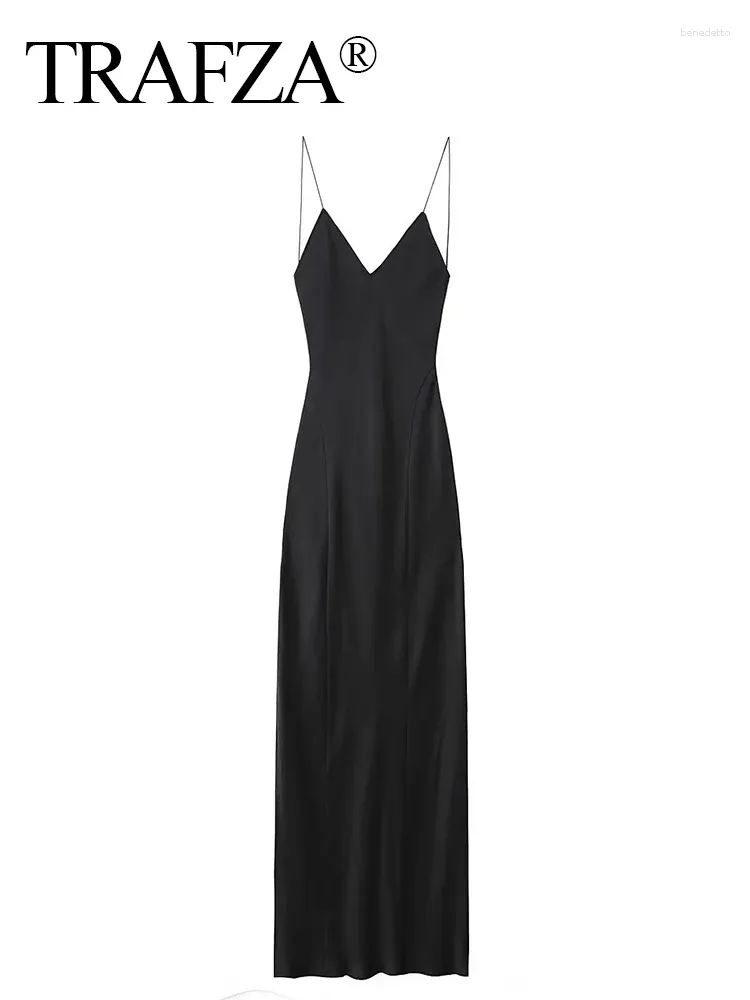 Casual Jurken TRAFZA 2023 Elegante Vrouwen Feestavond Slip Galajurk Vrouwelijke Satijn Lange Sexy Mouwloze Ruglooze V-hals Sling Midi