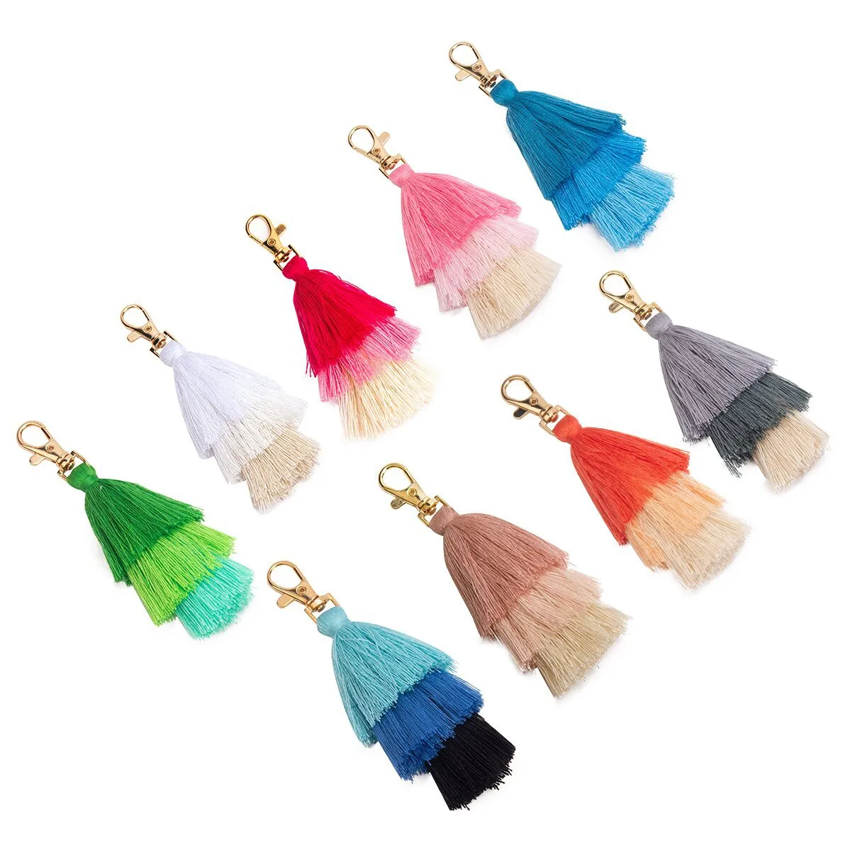 Porte-clés à pompon à trois couches, bijoux à breloques de Style ethnique bohème, pendentif, chaîne à la mode, accessoires de sac, vente en gros, 100 pièces, 2023