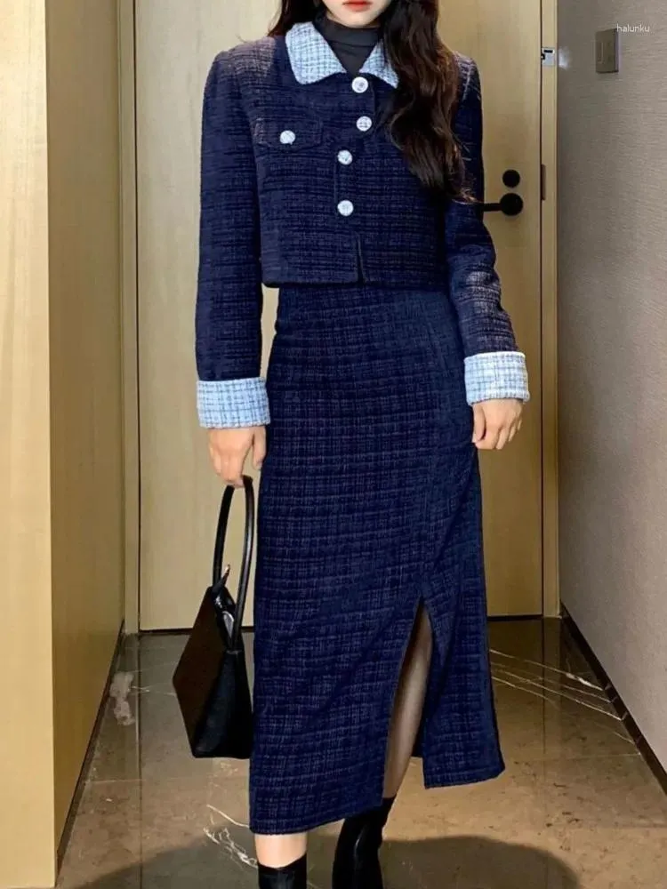 Work Dresses Long Sleeve Tweed Wool Skirts Set Women 2pcs Sets Knitted Coats Jacket Midi Skirt Two Piece Vintage Suits Navy Blue