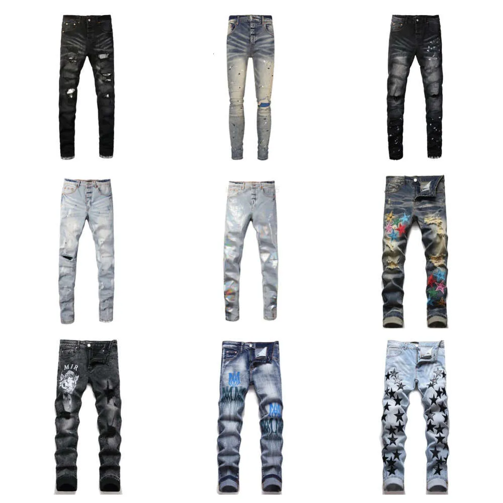 Jeans masculinos roxo designer high street bordado calças mulheres oversize rasgado remendo buraco denim em linha reta marca de moda streetwear magro