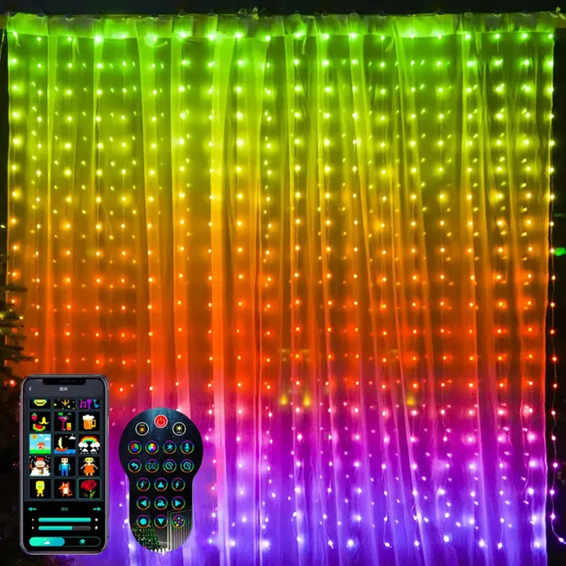 Julekorationer gardiner DIY String Light App Control Smart RGB LED Light Inbyggd animerad för juldekoration Badrum Bröllop inomhus 231207