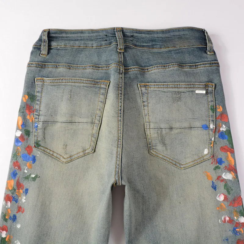 Jeans pour hommes, pantalons décontractés en denim de rue, en coton micro élastique, jeans serrés avec peinture en aérosol bleu pour jeunes