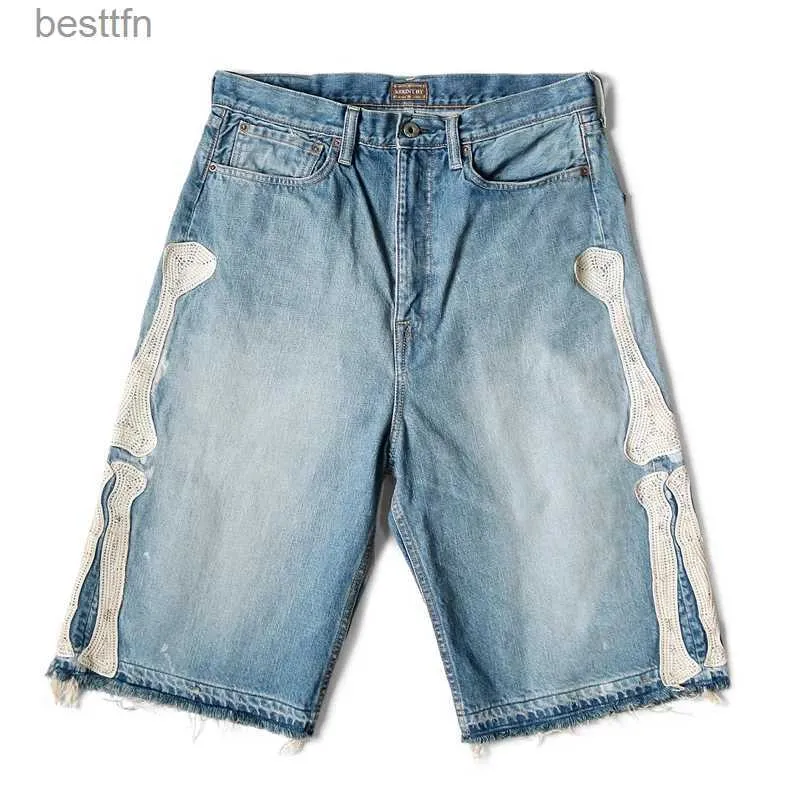 Mens Jeans Kapital Hirata Hohiro Loose Relaxed Pants broderad Bone Wash ANVÄNDA R KANT DENIM SHORTS FÖR MÄNNER OCH KVINNA JEANSL231208