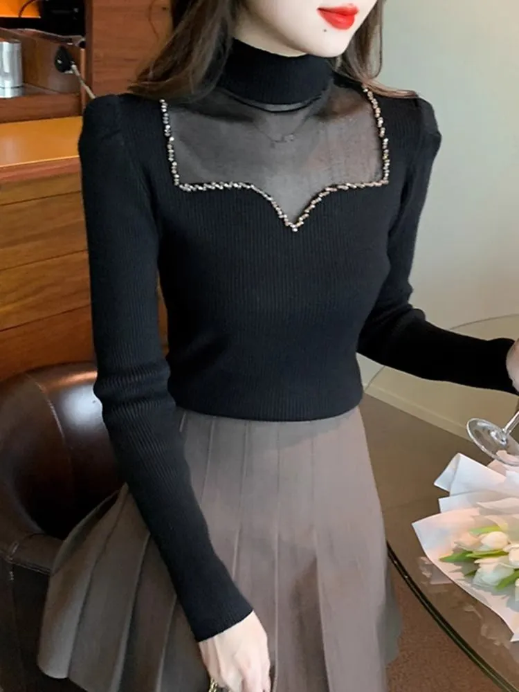 Новый дизайн, женский сетчатый свитер с воротником-стойкой и перспективным бисером, вязаный свитер с длинными рукавами, футболки SMLXLXXL