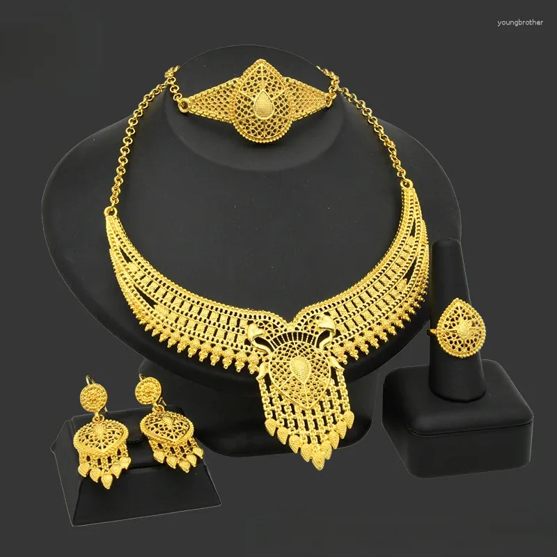 Halskette-Ohrringe-Set, fein, Dubai, afrikanisch, Äthiopien, goldfarben, Hochzeit für Frauen, Blumenkostüm, Schmuck, Geschenk