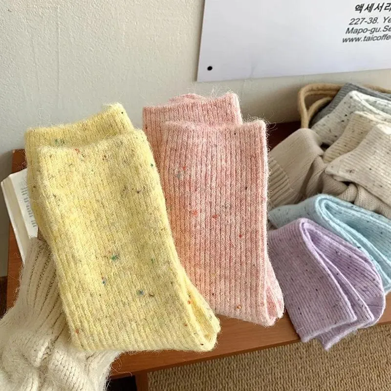 Women Socks Thickened Wool Winter Warm Knitted Candy Color Stockings Thermal Korean Ins Hosiery