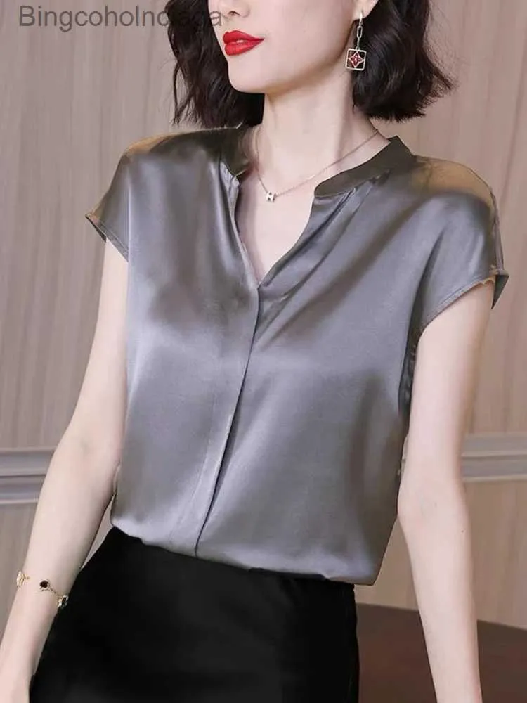 Women's T-Shirt Satin Blouse Women Short Sle Top Office Lady V Neck Solid Color Office Blouses Fashion Summer Chiffon Shirt Blusas de jerL231212