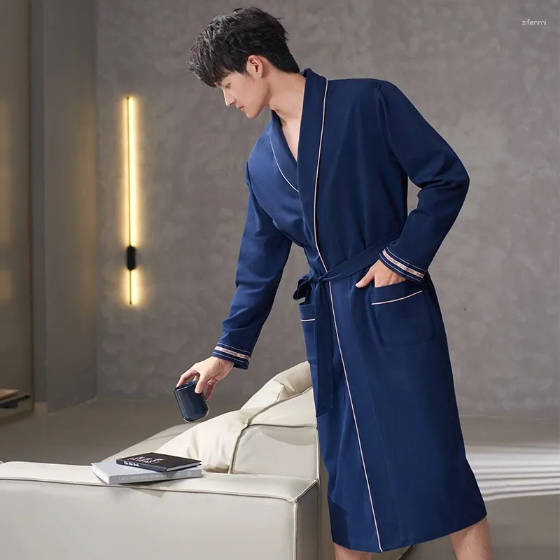 Men's Sleepwear V-neck Belted Cotton Robe Belt Bathrobe With Pocket One Piece Pajamas For Indoor