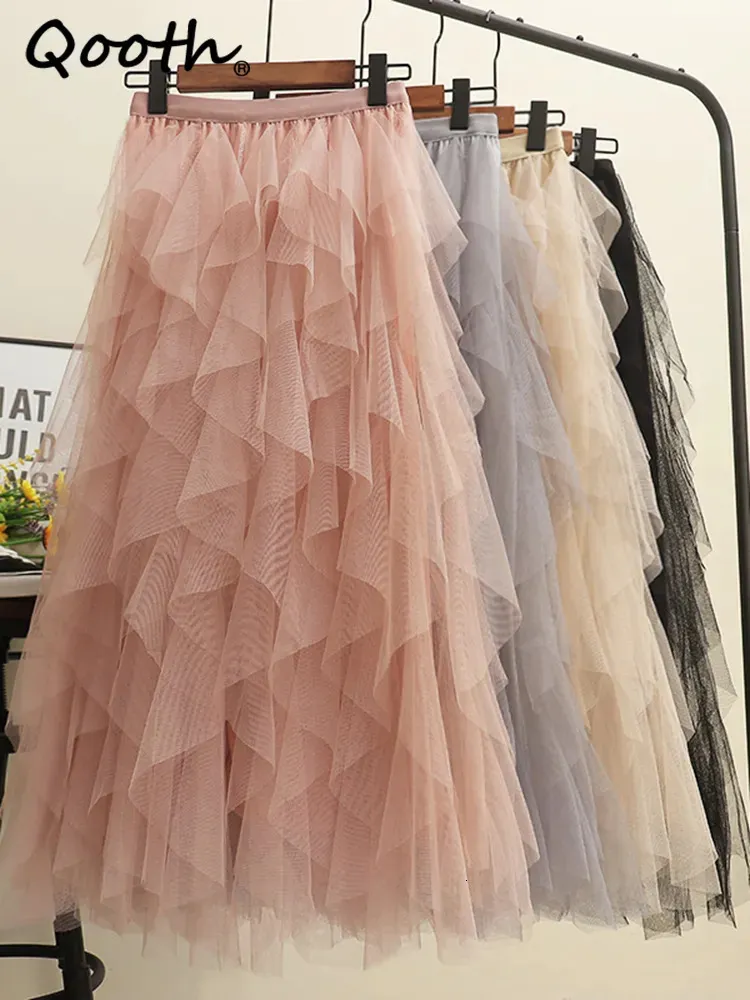 Saias Qooth Mulheres Tulle Bolo Malha Saia Elegante Cintura Elástica Fada Longa A Linha Tutu Saia Para Primavera Verão QT2138 231207