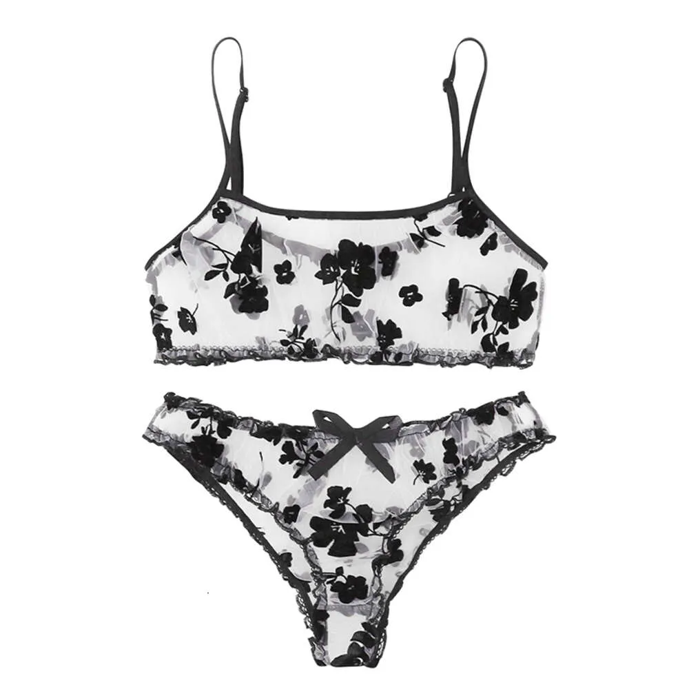 Floral Full Cup für Frauen Mode Mesh Sexy Unterwäsche Intime Dessous Rüschen BH und Höschen Set