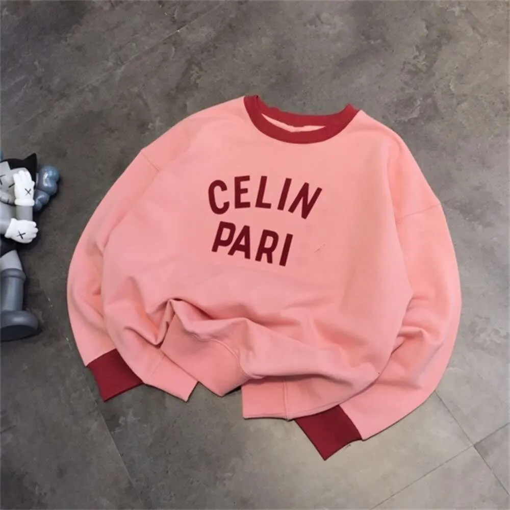 23 Autumn CEL New Trendy Brand Flocking Contrast Classic Letter Pink Cotton Double Count Terry Sweater