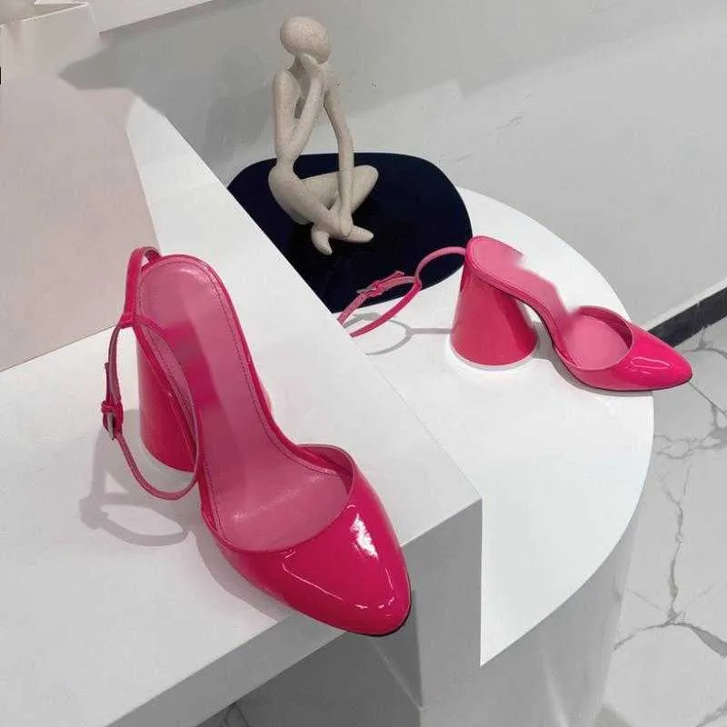 Chaussures à talons épais en cuir verni Fuchsia, escarpins à talons blocs, boucle à la cheville, bout fermé, chaussure de luxe pour femmes