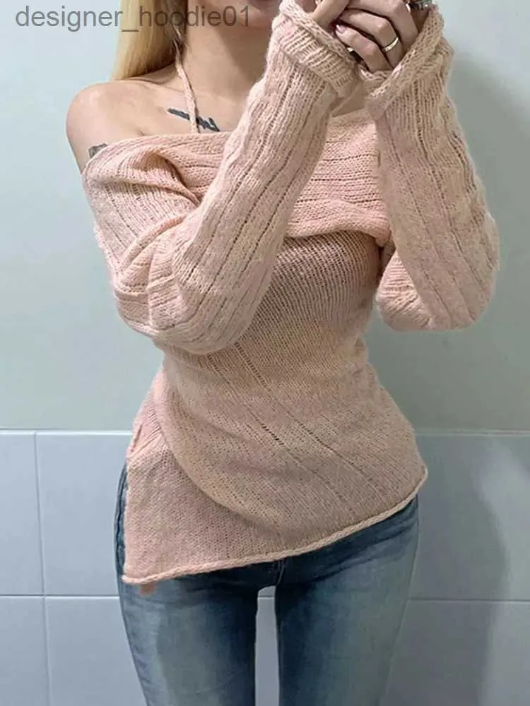 Women's Tanks Camis Women Summer Casaul Fluffy Irregular Sweater Long Sle Solid Color Off-shoulder Knitwear Halterneck Tops Fall Streetwear L231208