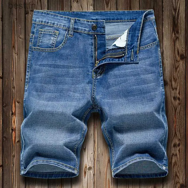 Calças de brim masculinas verão fino 2023 fino ajuste preto denim shorts calças na altura do joelho calças médias calças de cavalo jeans trendl231208