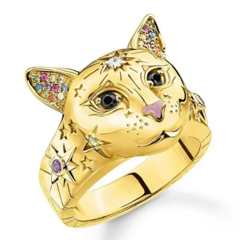 Bröllopsringar Vintage Gold Silver Color Cat For Women Black Eyes Multicolor CZ Stone Inlay Retro Fashion Jewelry Party Gift Ring 231208