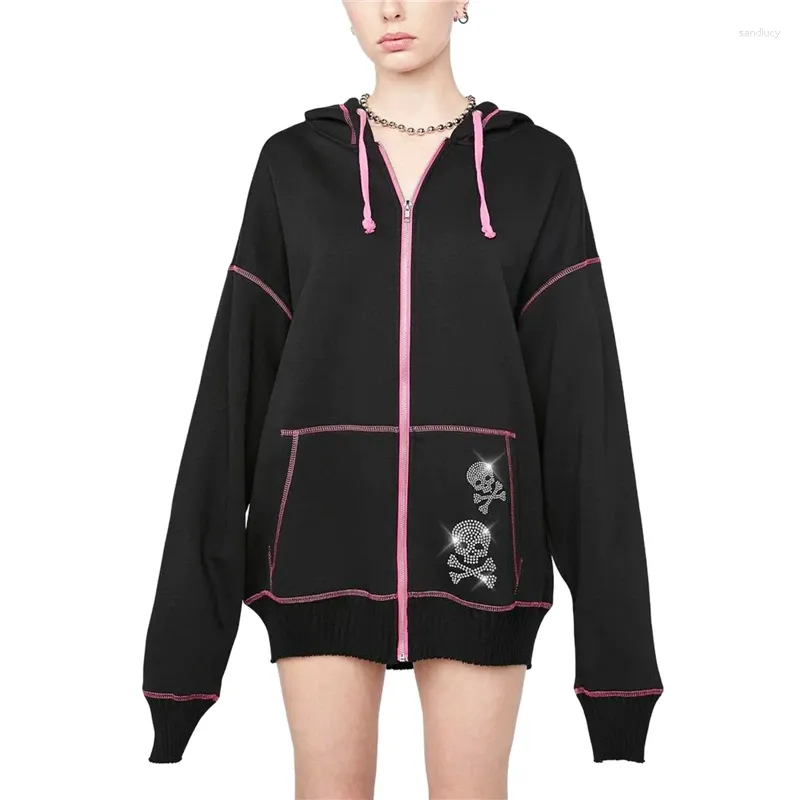 Sweats à capuche pour femmes Xingqing Esthétique Gothique Punk Sweat Femmes Squelette / Crâne Imprimé Hauts À Manches Longues Avec Poches Cyber Y2k Sweat À Capuche Zippé