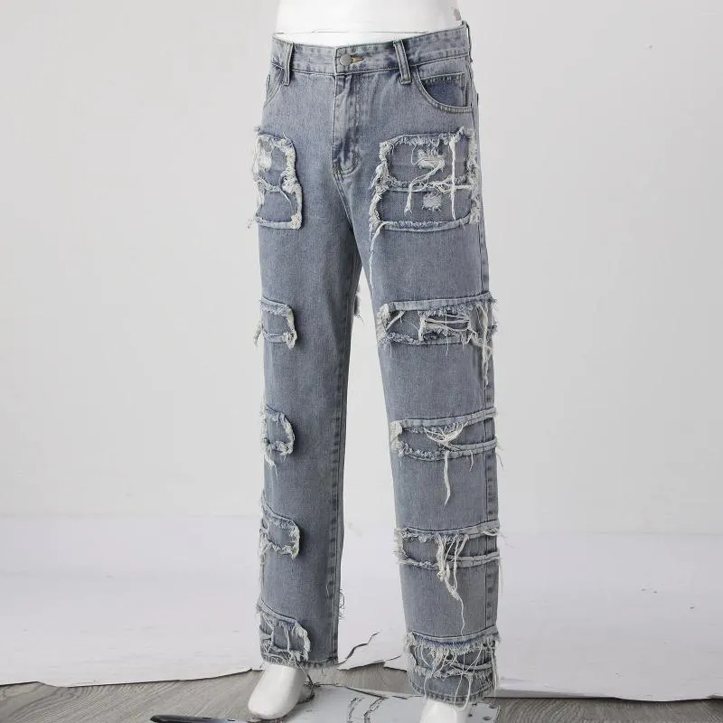 Calças de brim masculinas homem outono calças compridas homens fino ajuste tubo reto retro hip hop denim calças retalhos trassel rua