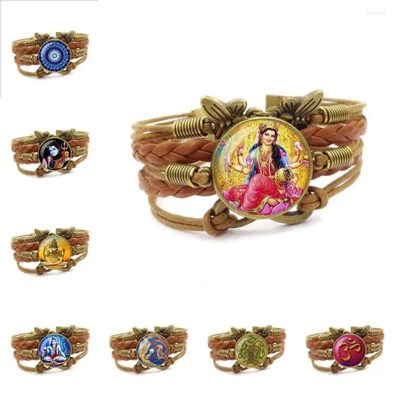 Bangle Boeddhisme Yoga Mode Glas Steen Oppervlak Meerlaags Bruin Lederen Armband Verklaring Sieraden Voor Vrouwen Feestcadeau