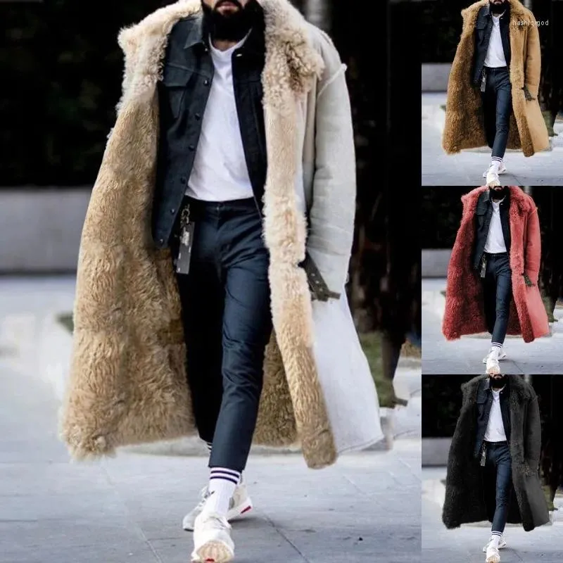 Men's Trench Coats 2023 Winter Single Fur Imitation Leather Fluff Coat Thickened Four Colors Size 8 Lengthened