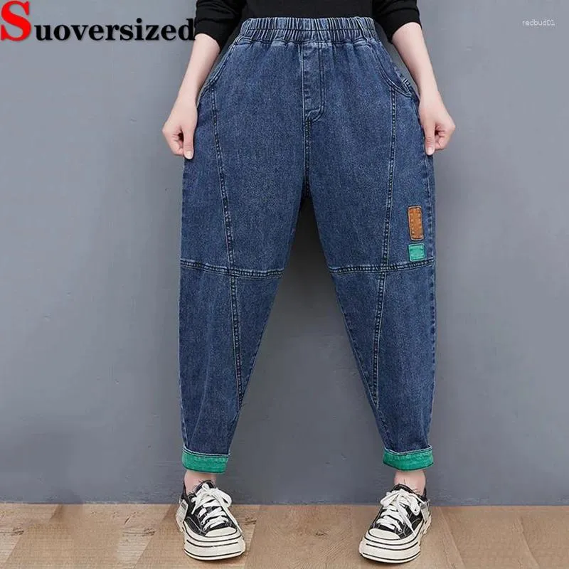 Jeans femininos folgados enormes dimensões de 95 kg de harém de harém de longa duração de jeans vintage calças de jeans de alta cintura piquedalonas de streetwear de moda