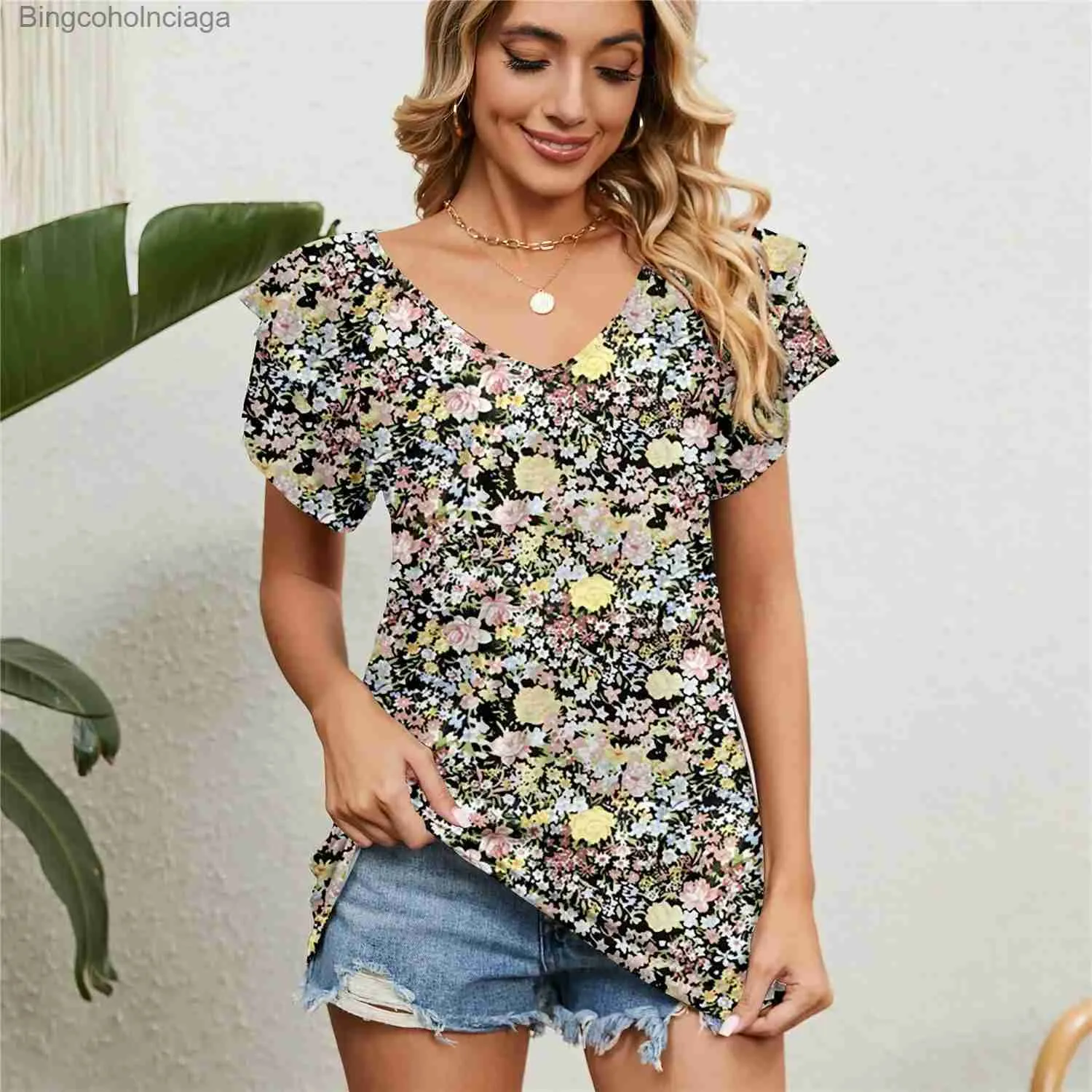 T-shirt femme Vêtements femme T-shirt Hauts floraux pour femmes Chemisier en mousseline de soie mignon T-shirt court papillon Sle bleu rose vert vêtements pour femmes L231208