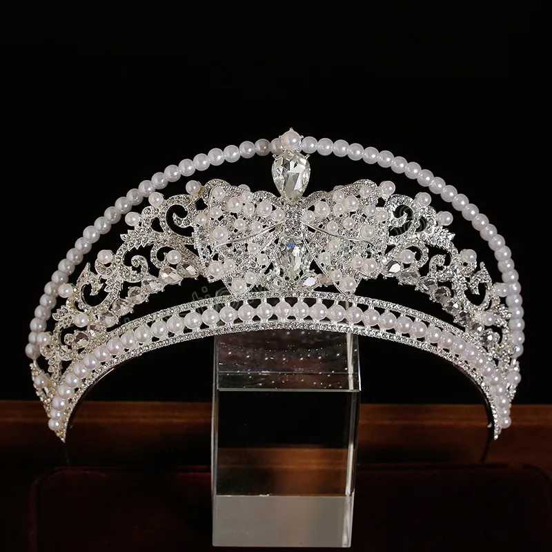 Silver Plated Queen Princess Crown Crystal Pearl Diadem For Bridal Hair Accessories Bride Headbands