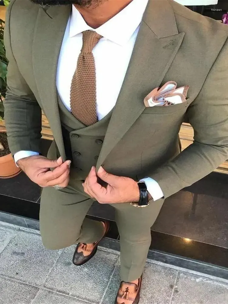 Costumes pour hommes, coupe cintrée, pantalon Blazer vert Olive, simple boutonnage, vêtements et robes de mariée 3 pièces, 2024