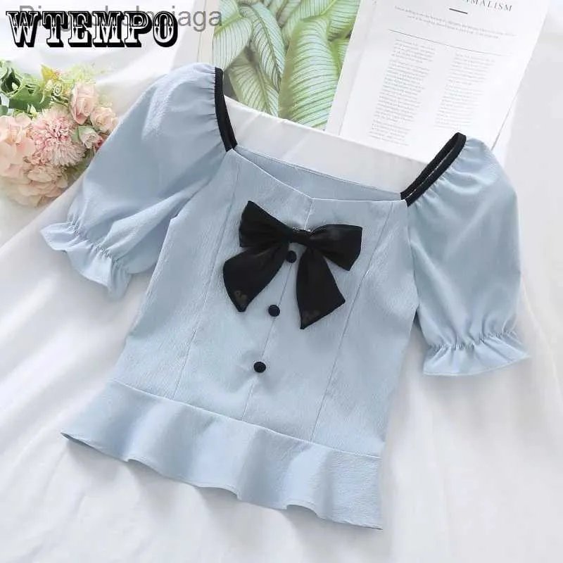 T-shirt da donna Dolce fiocco Camicia con collo quadrato Donna Corto Top Puff Sle Slim Orlo con volant Stile preppy Moda coreana Estate Casual Drop ShippingL231208