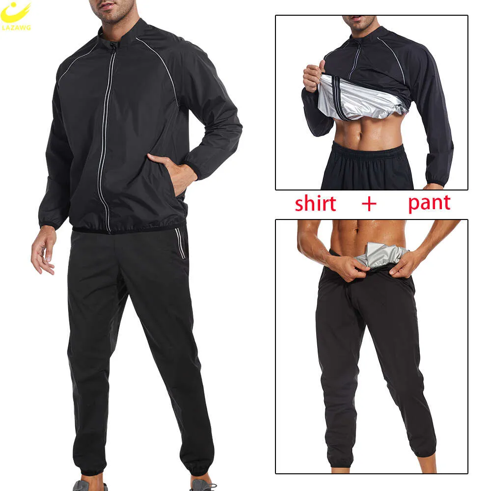 Män bastu kostym bantning långärmad svettjacka leggings viktminskning träning kropp shaper thermo sportkläder