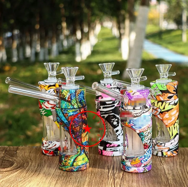 Cool Colorful Pattern Silicone Sheath Smoking Bong Pipes Kit Portable Innovative Travel Glass Bottle Bubbler Filter Tobacco Handle Funnel Bowl Waterpipe Holder