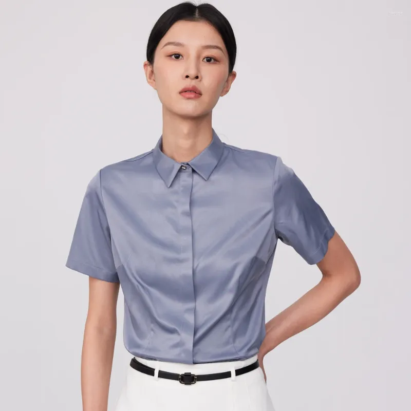 Kvinnor Bluses Office Lady Silk Touch Summer Kort ärmskjorta utan fickan dolda knäppta skakor Casual Slim Shirts