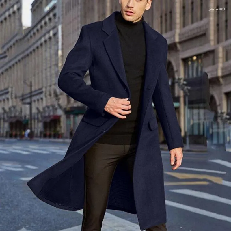 Men's Wool Woolen Coat Single Breasted Long Trench Slim Fit Fashion Evening Dress Winter Jacket Casual