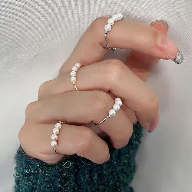 Cluster Rings Korea Japan Style Fashion Pearl Beads Silver Color Juster Size Women Charms smycken 2023