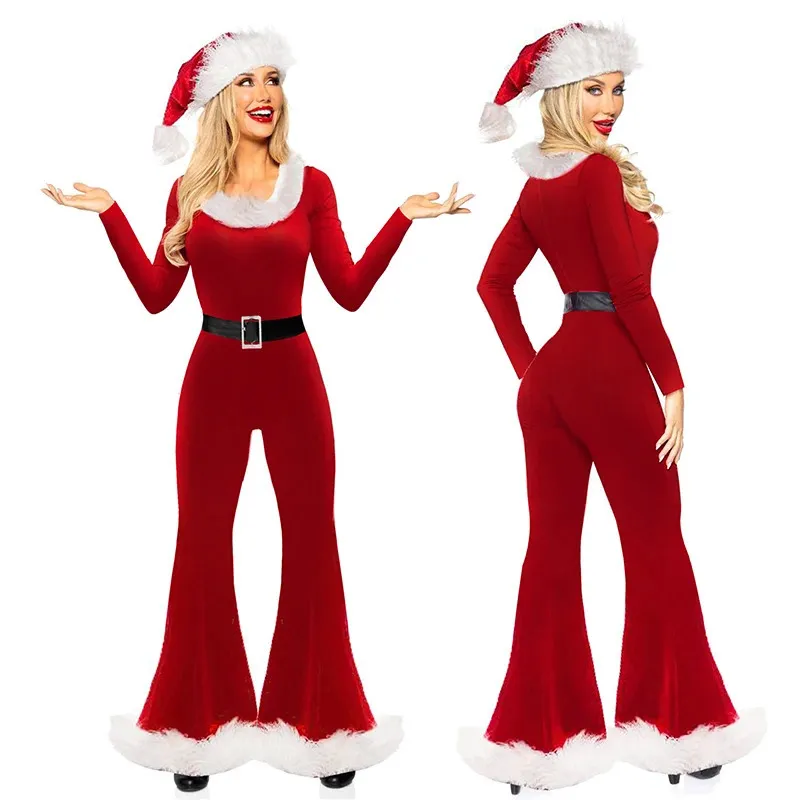 Kvinnors jumpsuits rompers Women Red Christmas Costumes Cute Long Sleeve Fleared Jumpsuit och Santa Hat Set för cosplay rollspelande festkläder 231208