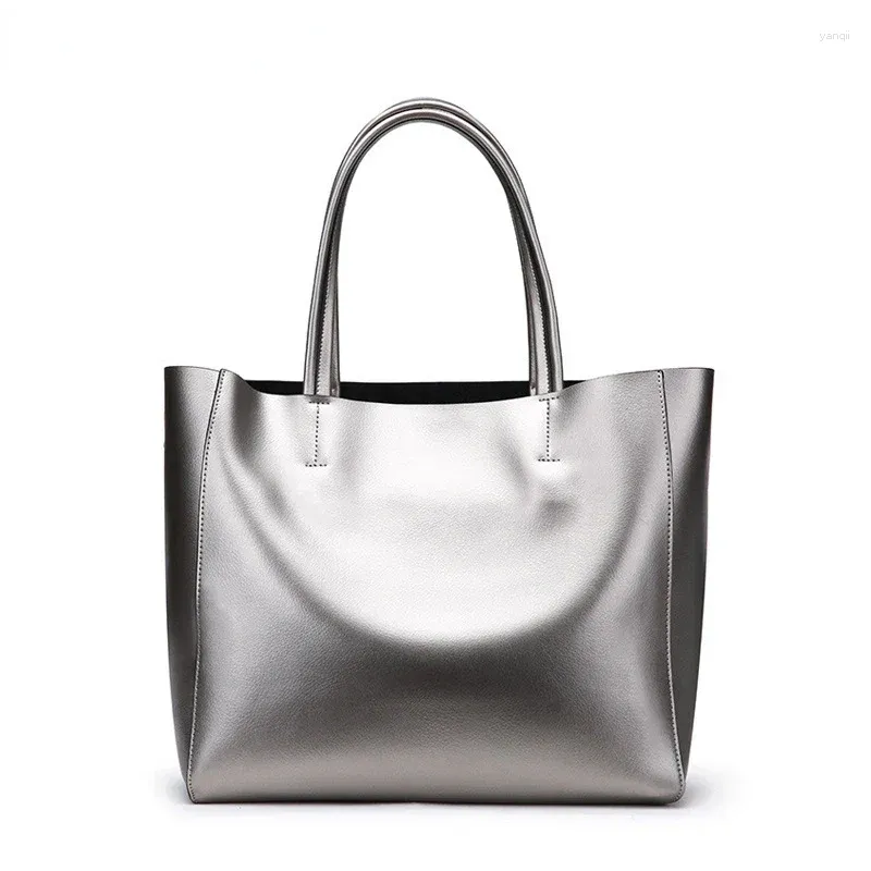 Sacs de soirée Blanc Argent Véritable Cuir Femmes Big Dames Sac à bandoulière Femme Fourre-tout Sacs à main Top-Poignée Main 2023 Tendance