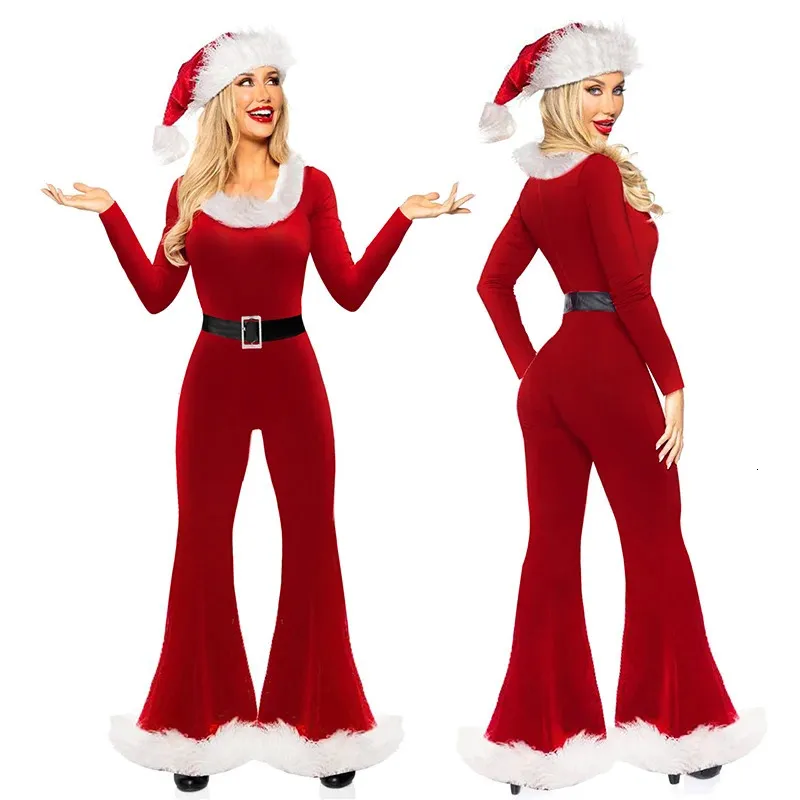 Women's Sleep Lounge Women Red Christmas Costumes Cute Long Sleeve Flared Jumpsuit and Santa Hat Set for Cosplay Role Playing Party Outfits 231207