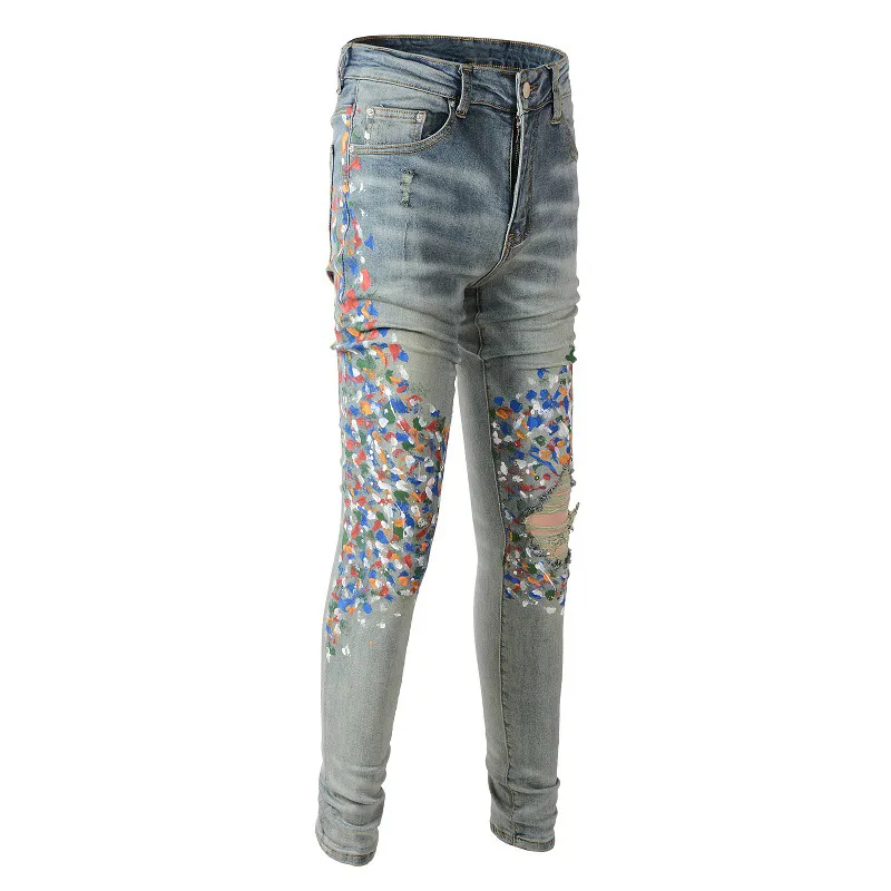 Jeans pour hommes, pantalons décontractés en denim de rue, en coton micro élastique, jeans serrés avec peinture en aérosol bleu pour jeunes