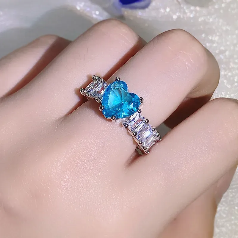 Square Zircon Wedding Rings Pink Sea Blue Heart Diamond Engagement Rings